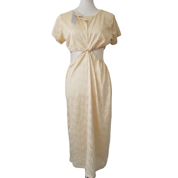 Miken Twist Front Swim Cover Up Crochet Midi Beach‎ Creme Brulet M NWT $32 - Picture 1 of 8
